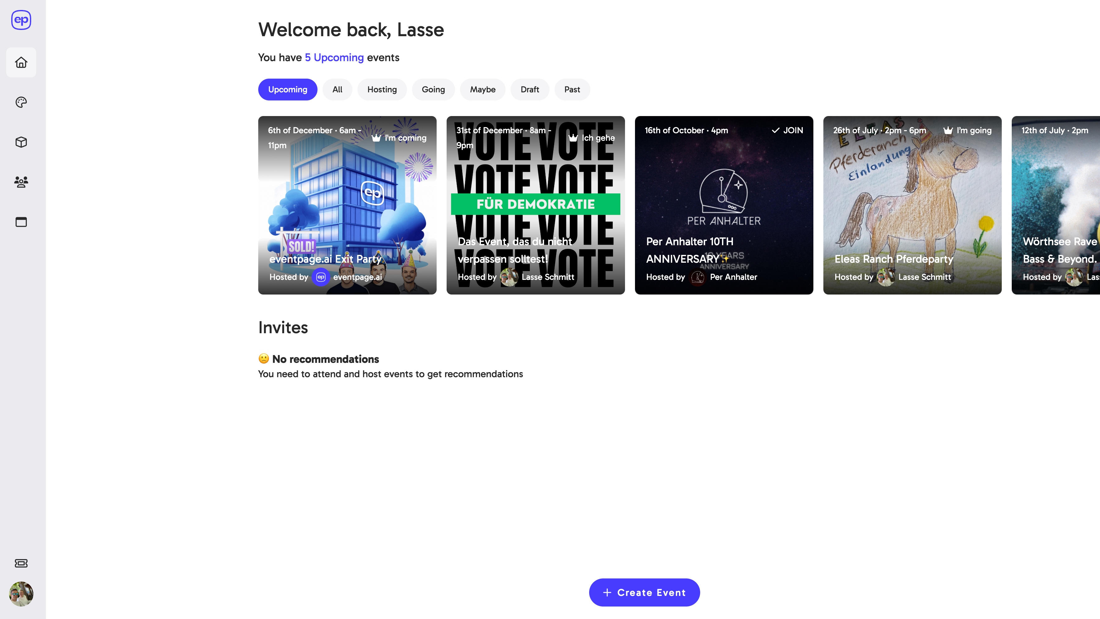 Dashboard mit fünf kommenden Events im persönlichen Event-Center von eventpage.ai